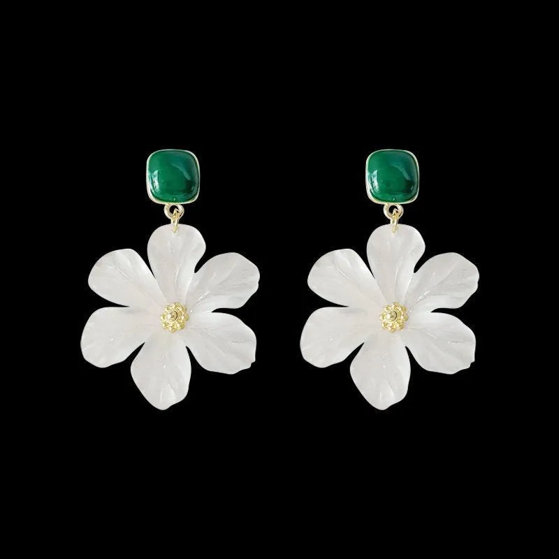 Dark green needle flowers sweet earrings with sterling silver tone finish