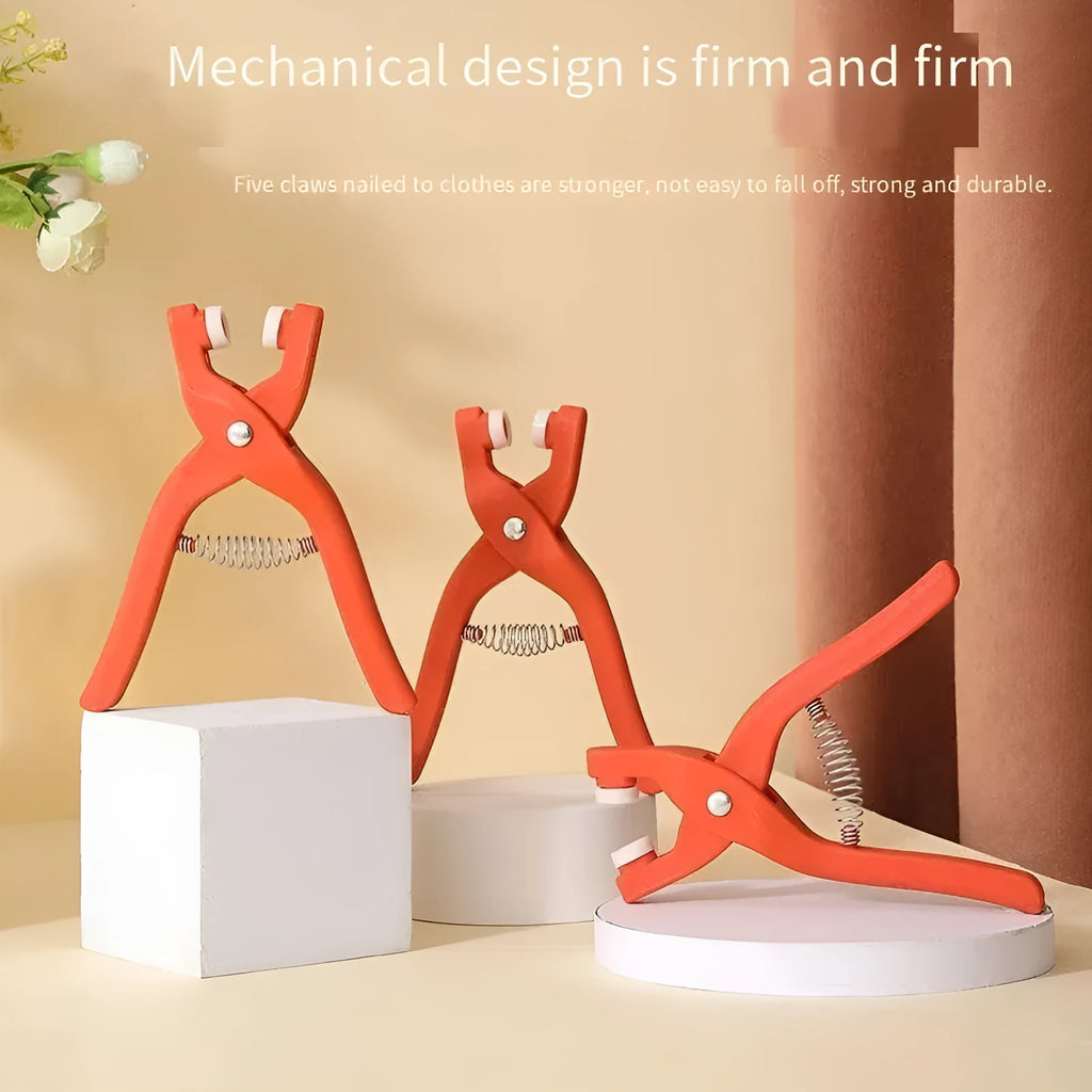 Stainless steel five claw no-sew suit buttons and application pliers for children's clothing.