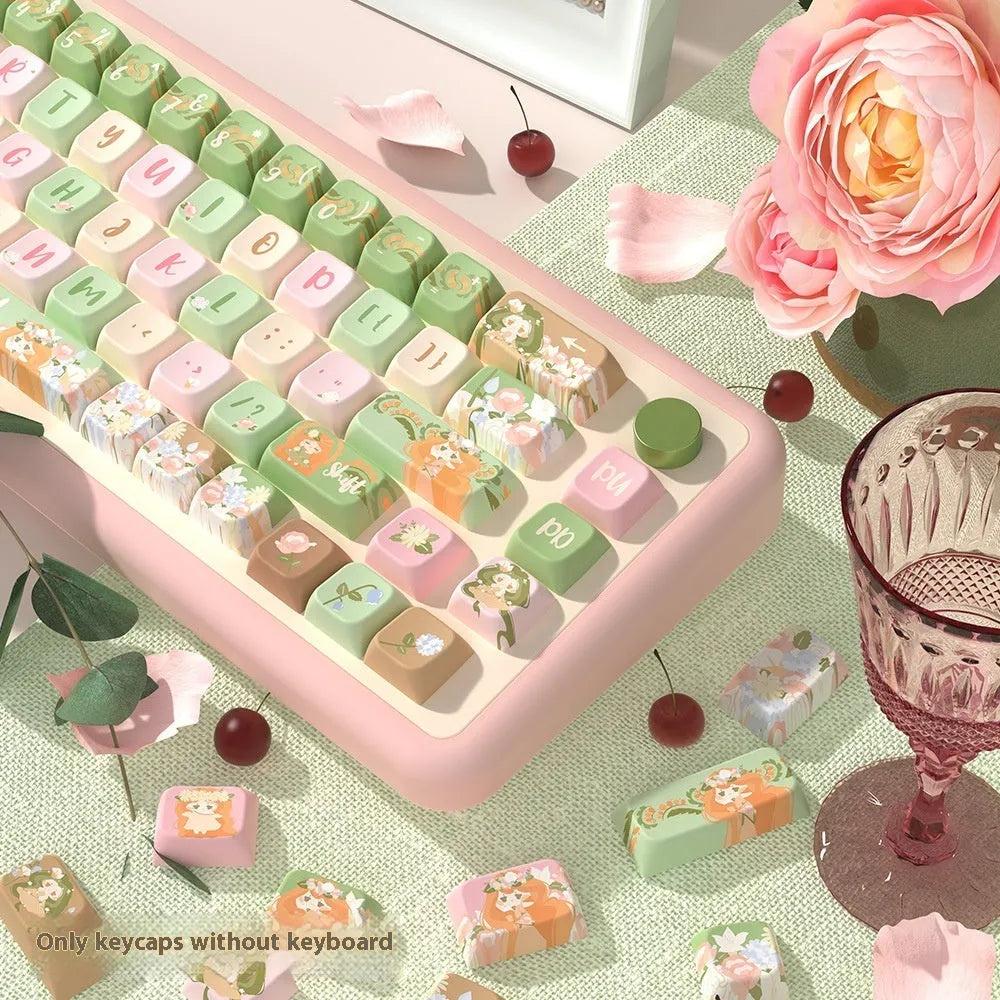 Summer Garden custom PBT key cap set for mechanical keyboards showing colourful botanical design.
