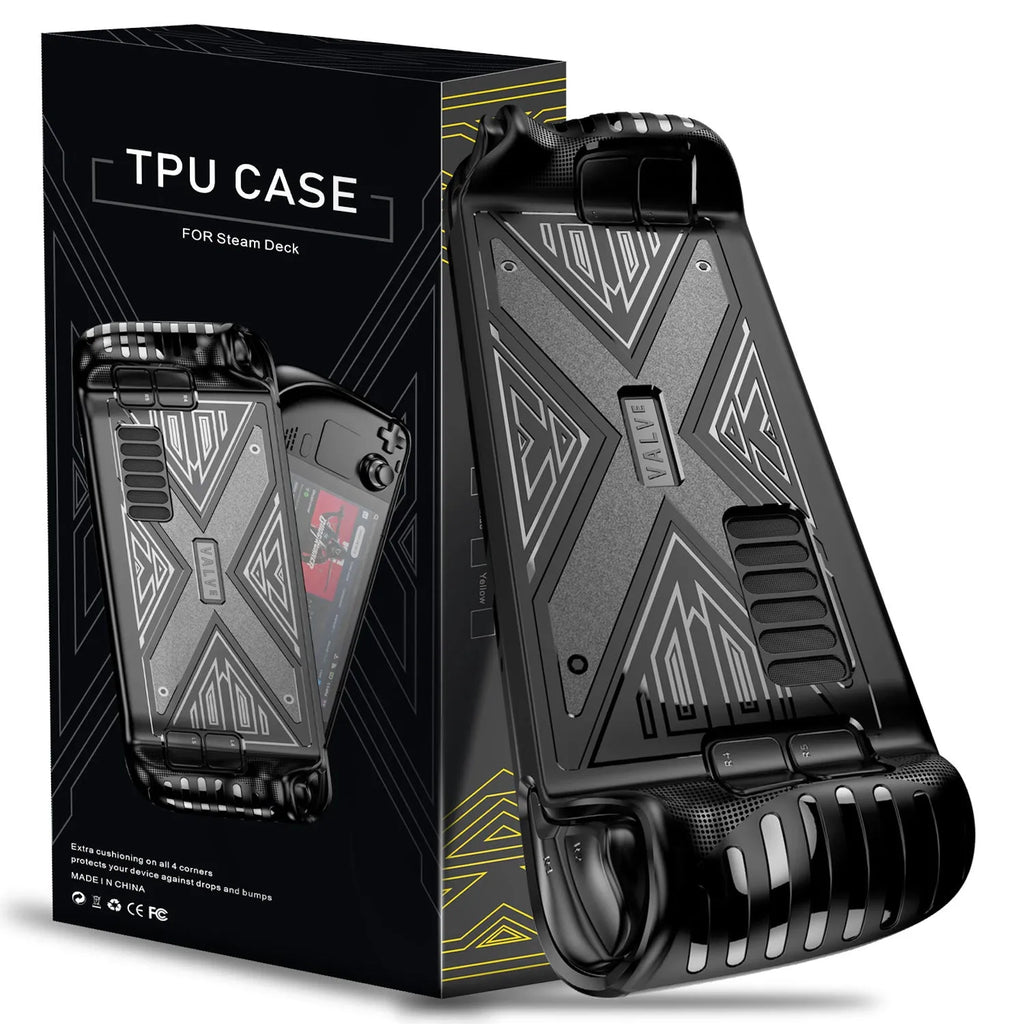 Steam Deck TPU protective case in black, blue, and red colour options showing precise console fit