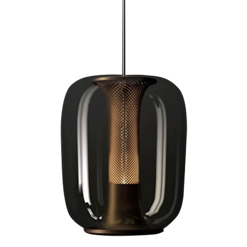 Minimalist Nordic chandelier with geometric metal frame in smoked grey, cognac, or clear colour options