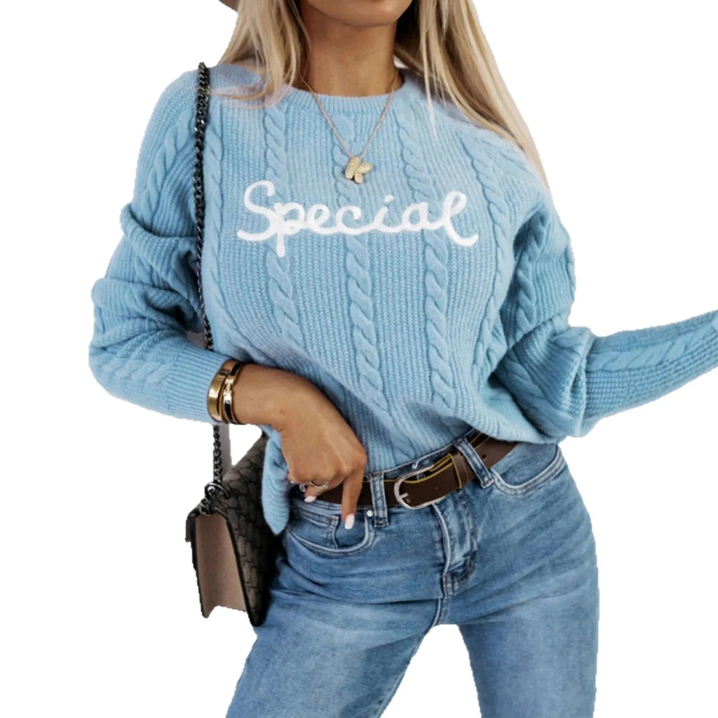 Blue leisure pullover sweatshirt with white embroidered letter design on the front.