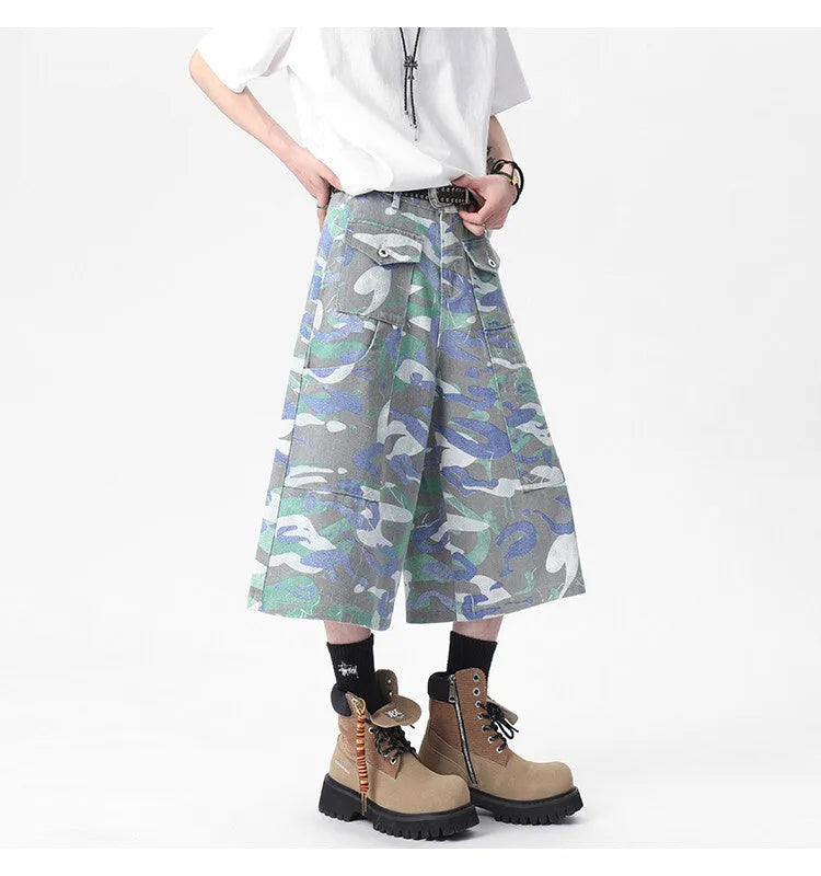 Denim camouflage cropped trousers with pockets and straight leg cut