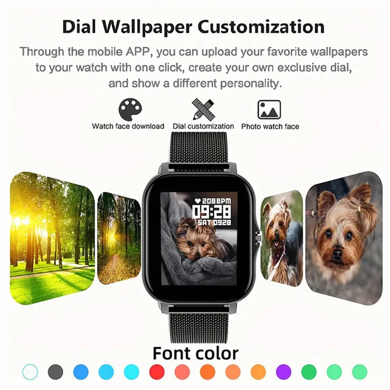 Smart watch with 1.44-inch touch screen showing heart rate and step count display on silicone wrist strap