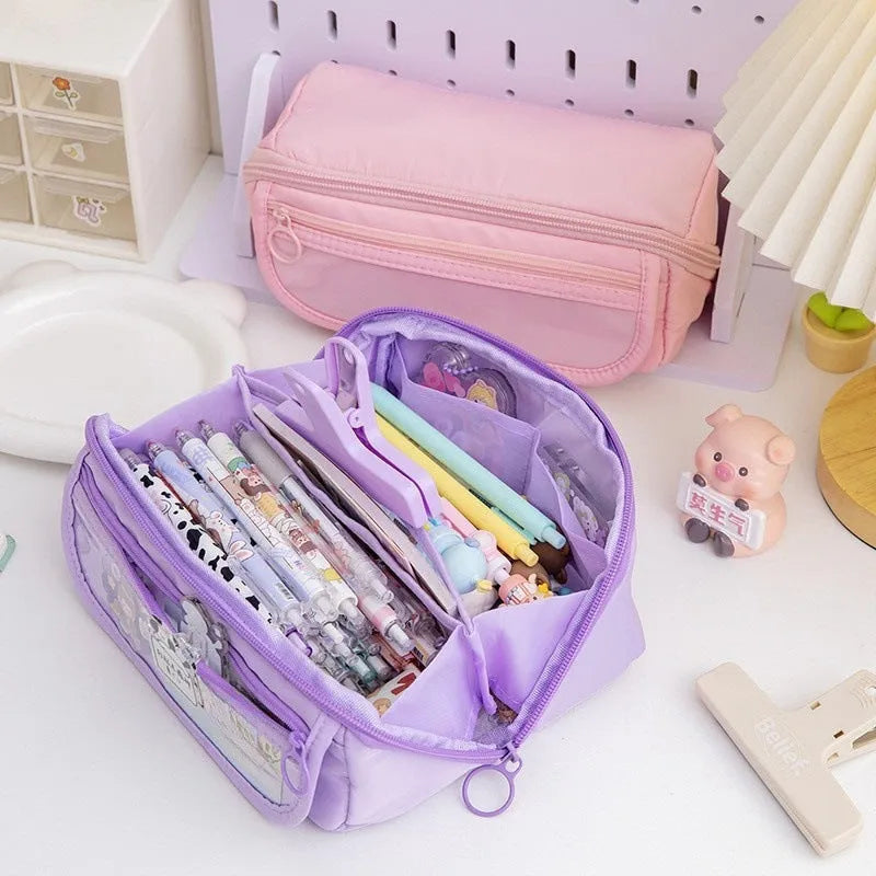Korean-style ten-layer flip pencil case in canvas, shown in one of six available colours.