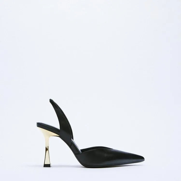 Women's patent leather pointed high heels in apricot and black colours, showing shallow mouth design.