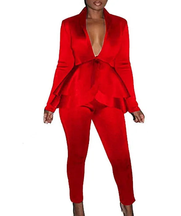 Ruffled sleeve business blazer and pencil trouser uniform set in polyester fabric