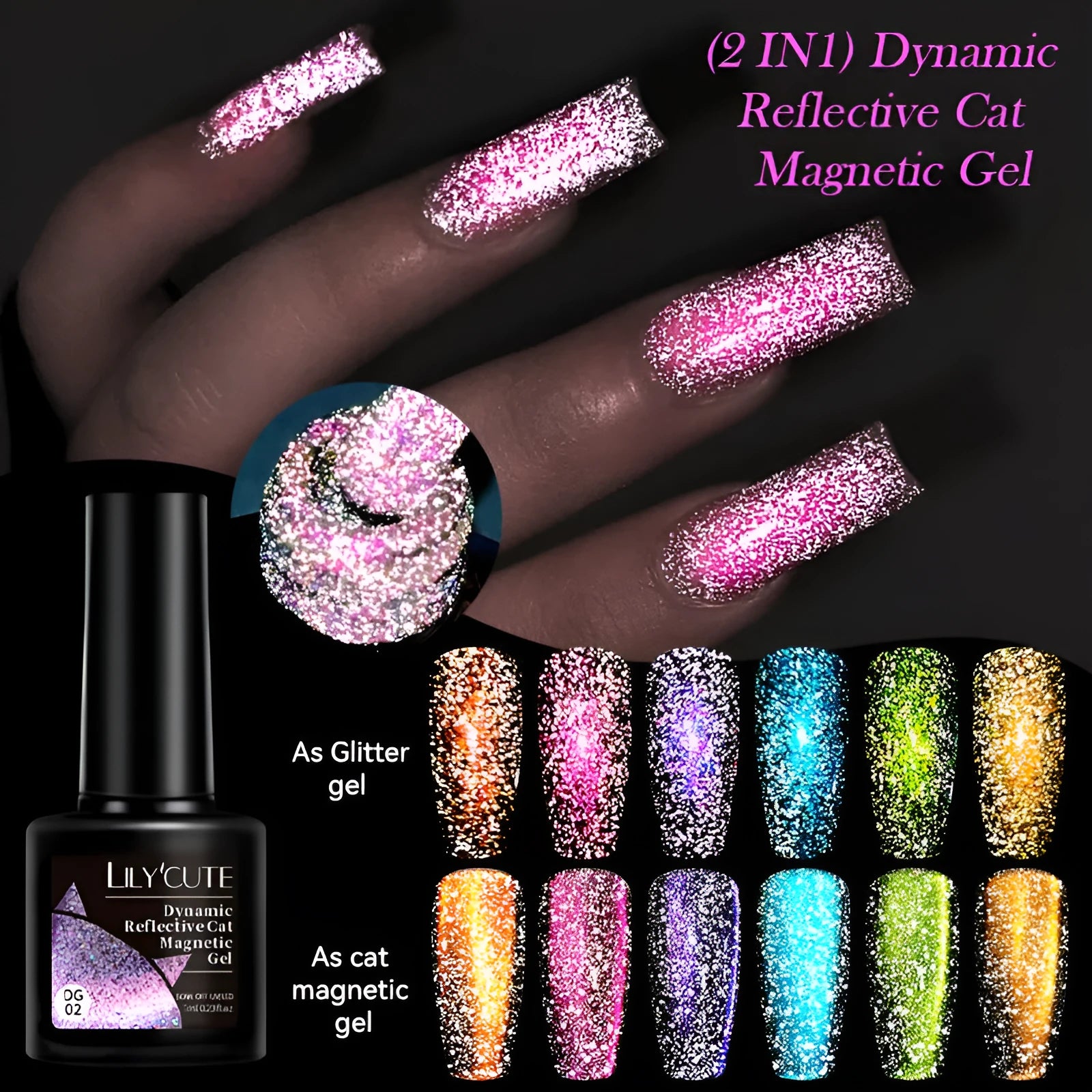 Cat eye effect nail polish gel bottle with diamond glitter in one of six colour styles