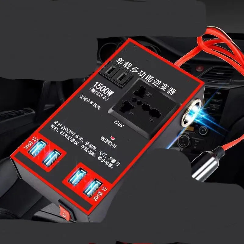 Black car power converter converting 12V/24V to 220V with socket and USB ports