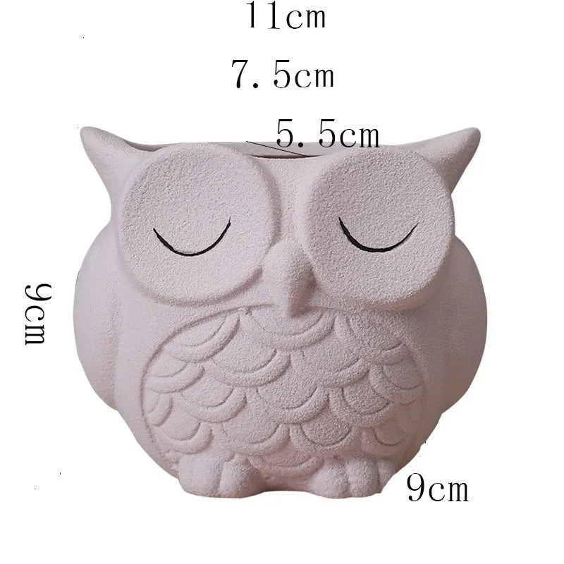 Handmade ceramic owl succulent pot with frosted finish in light pink colour