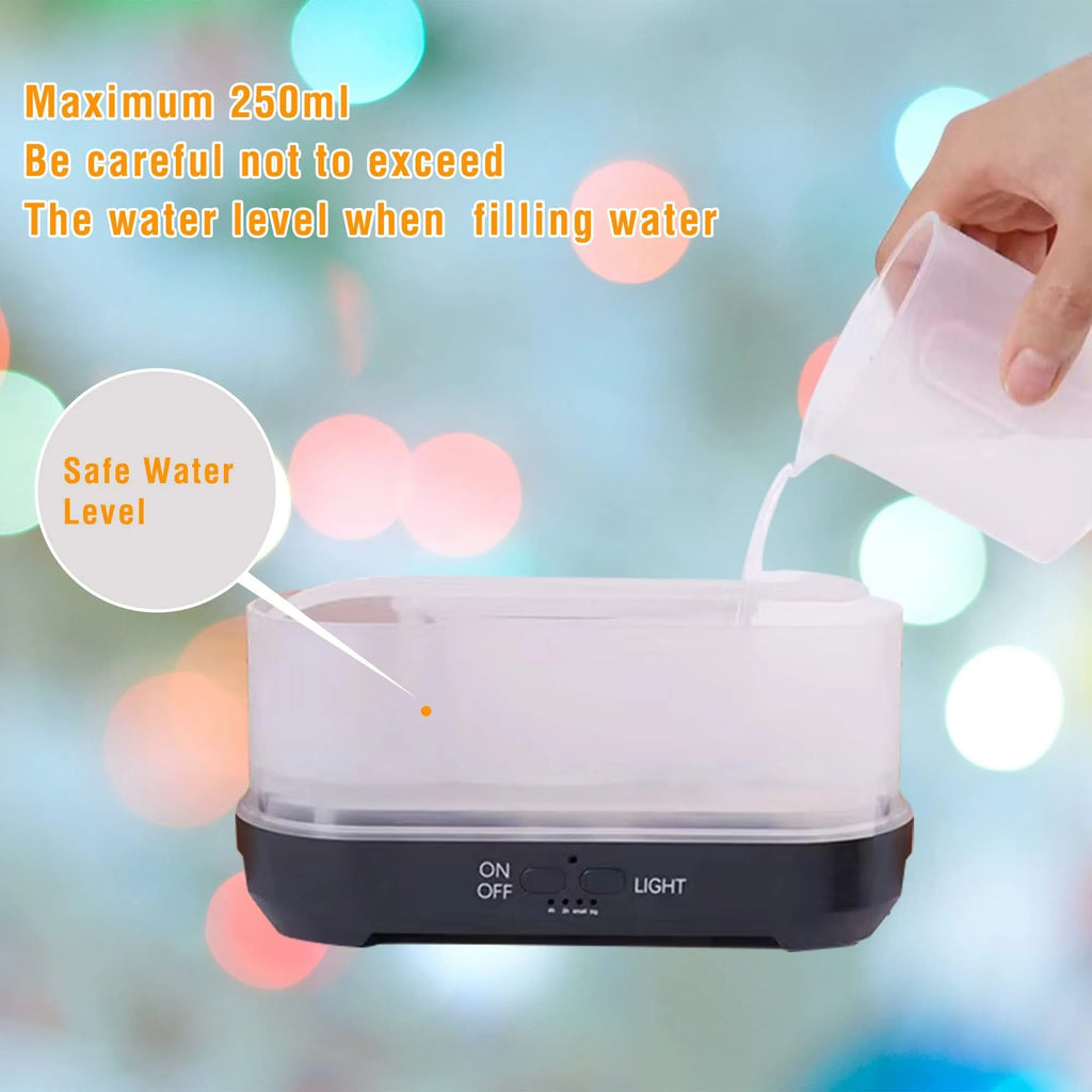 Colourful snowflake pattern wood grain aromatherapy humidifier with flame effect lighting on desktop