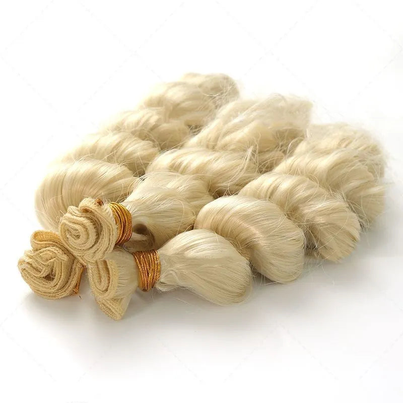 Golden blonde synthetic women's wig shown in three length options