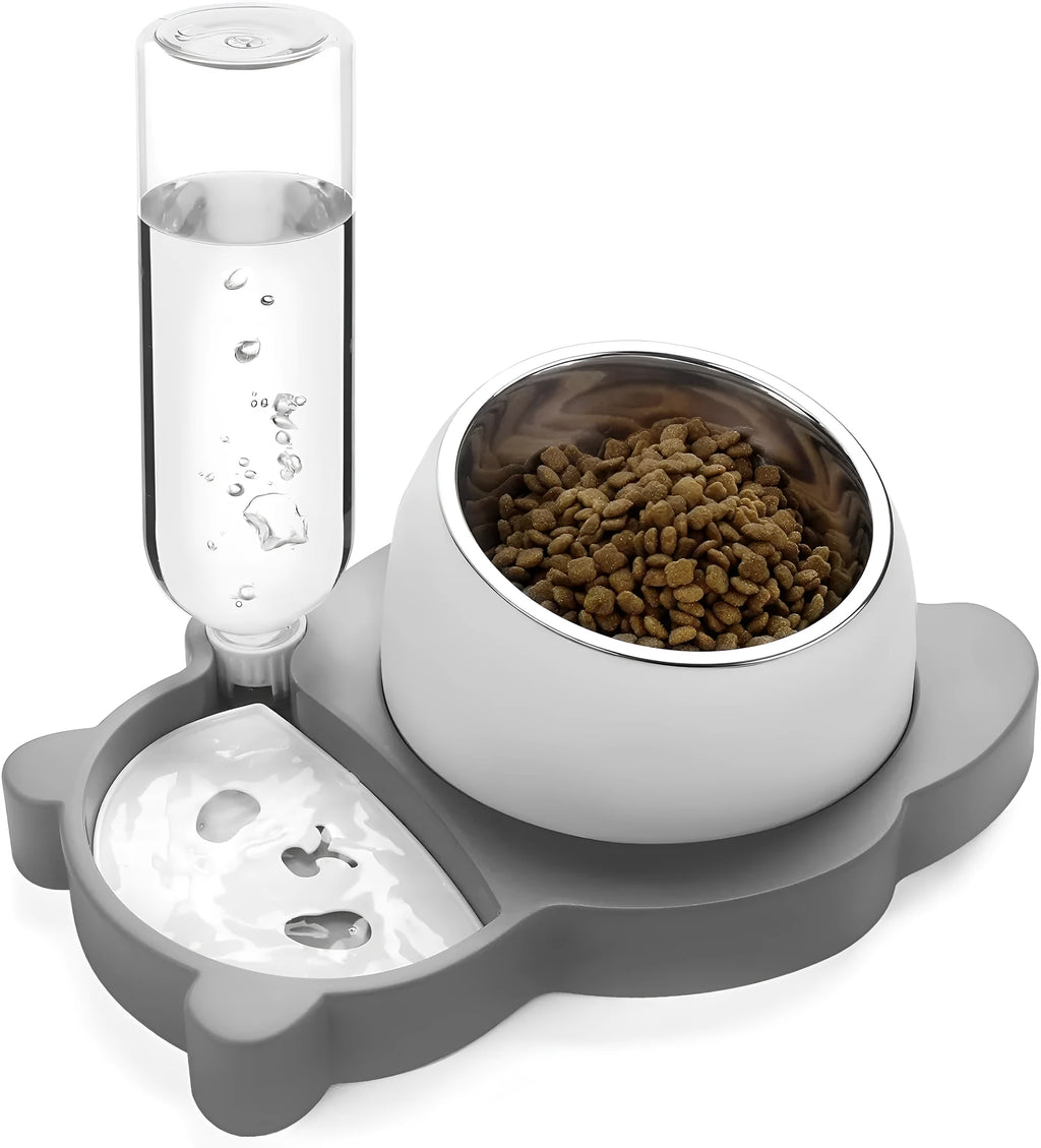 Grey and green panda-shaped automatic water dispenser with tilted stainless steel pet bowls.