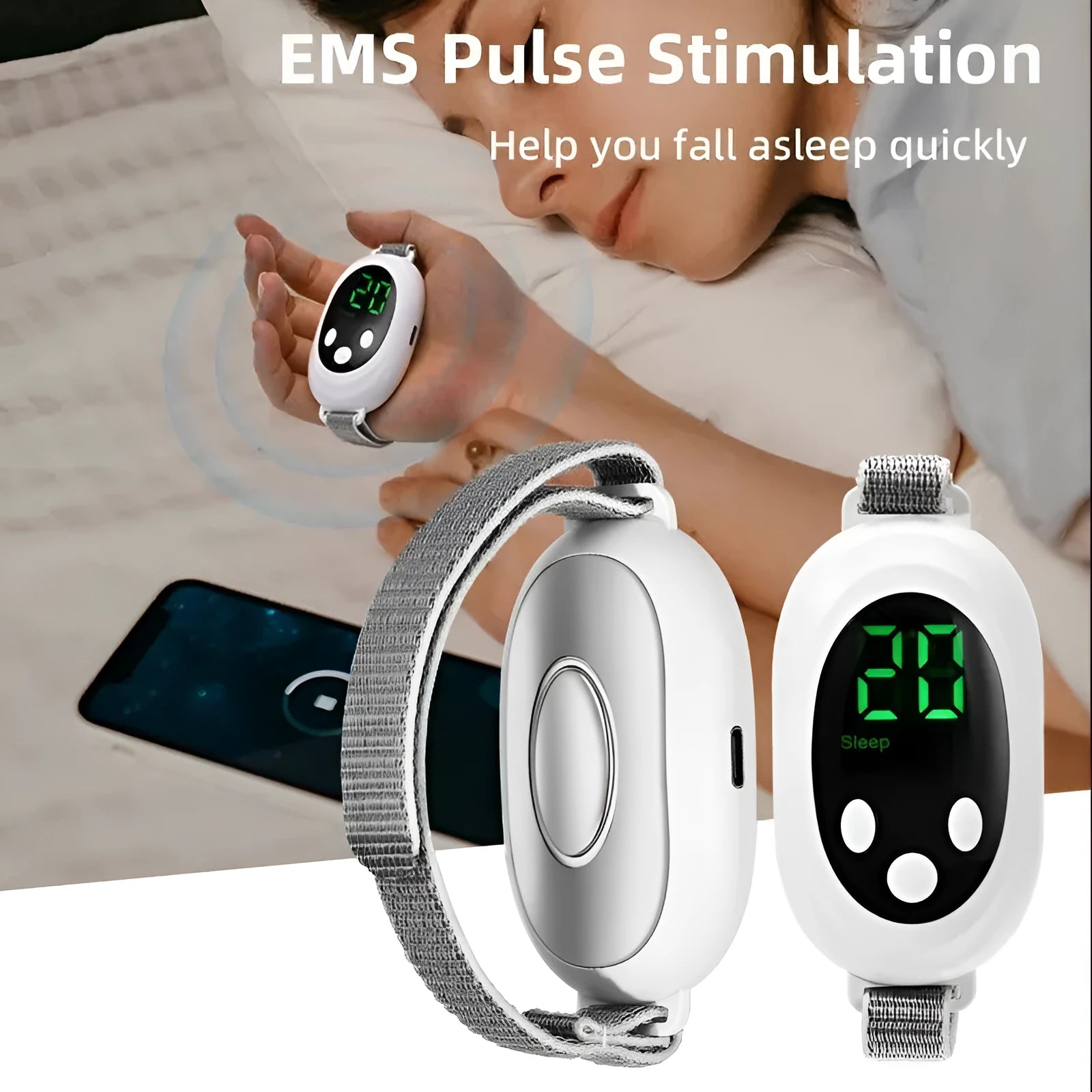 White handheld sleep aid remote control with digital display, charging cable, and wearable sleep bracelet on a flat surface.