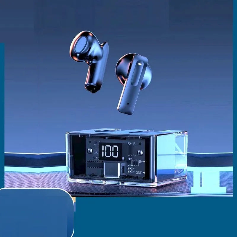 Transparent space capsule case containing true wireless Bluetooth headphones with a digital display screen.