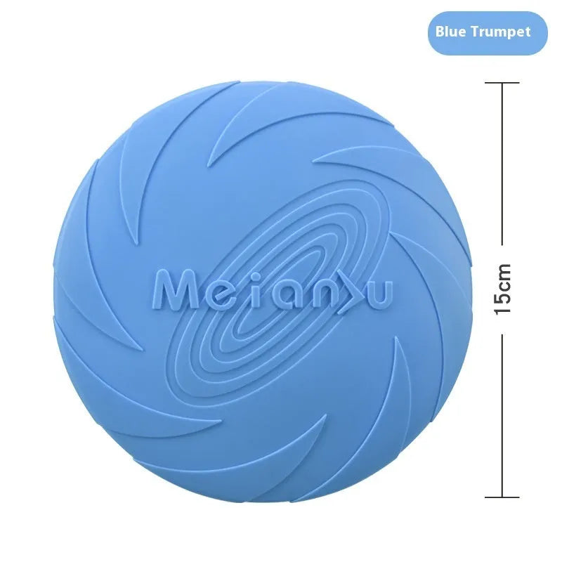 Soft rubber dog frisbee toy for outdoor fetch, shown in three sizes and red, blue, green colour options.
