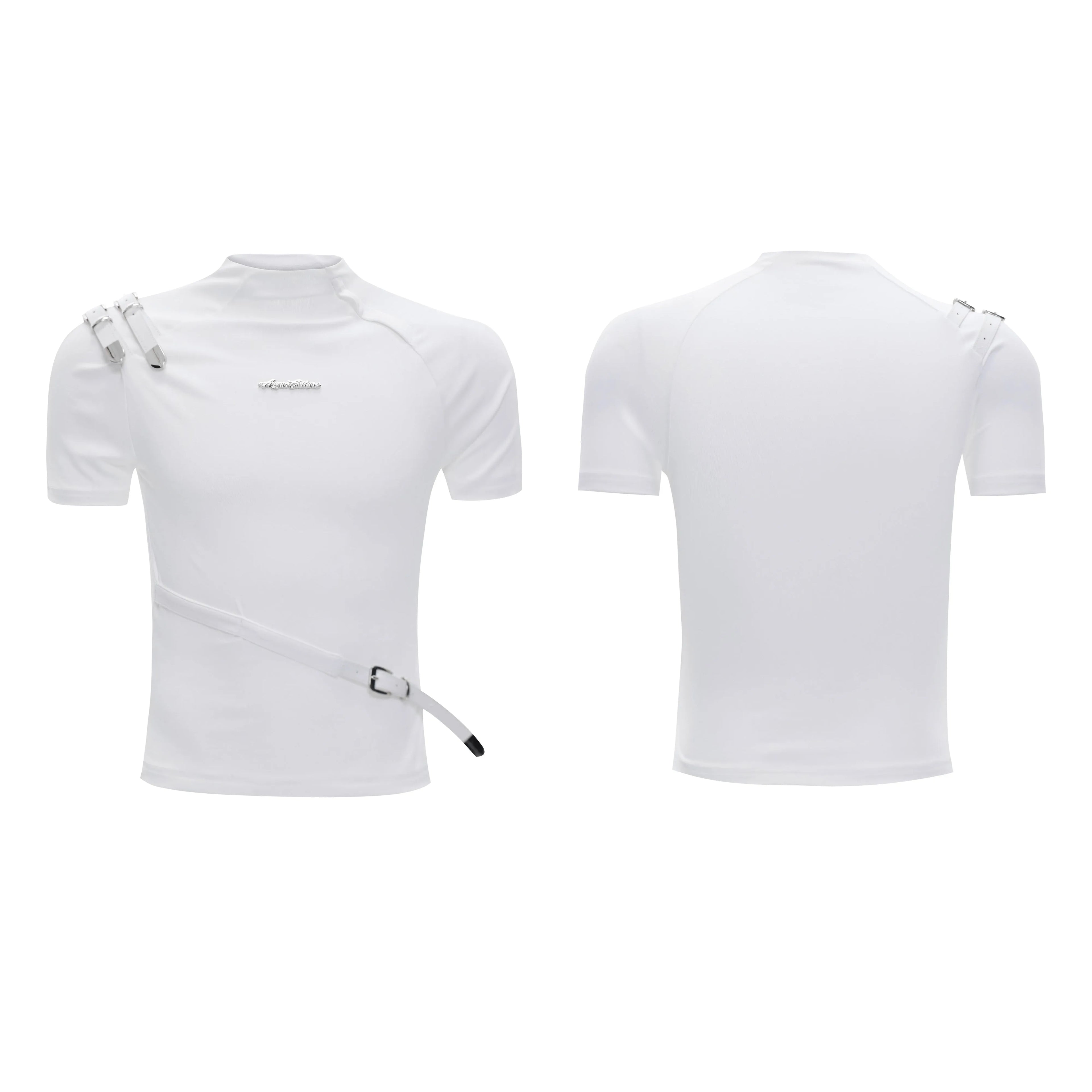 Men's slim fit black cotton short sleeve shirt with small stand-up collar and metal belt design detail