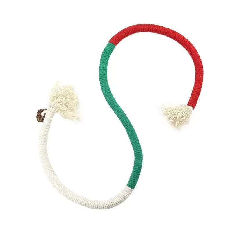 70cm cotton bite rope cat toy in three colour combinations: purple, orange, and red with green