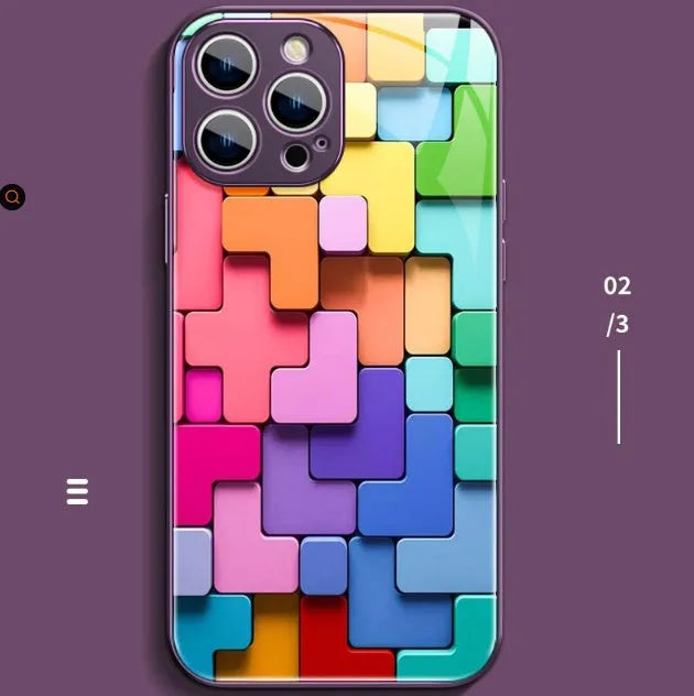 Silicone iPhone case with colourful geometric building block design in cartoon style