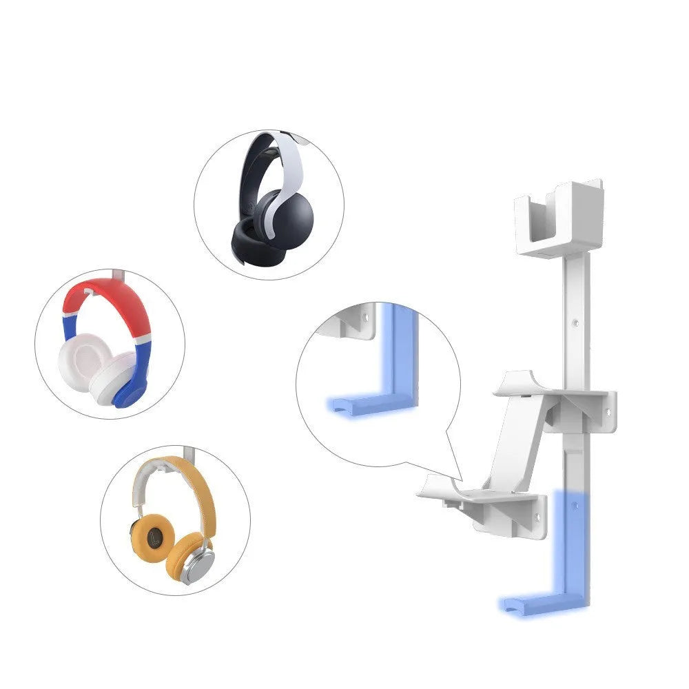 White wall-mounted plastic hook holding a game controller and remote control
