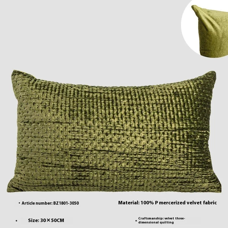 Antique style quilted cushion pillow in mercerised velvet with embossed texture, shown in square and waist pillow sizes