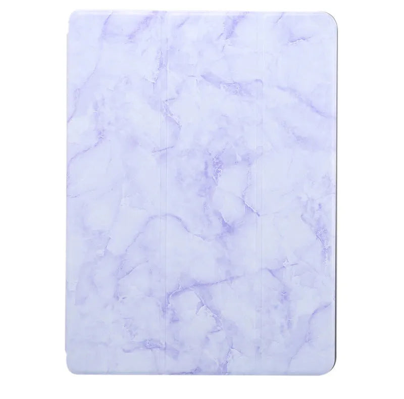 Tri-fold marbling design iPad case with pen slot in multiple colour options showing plane housing position