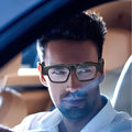 Black smart Bluetooth glasses with integrated camera for head-mounted video recording