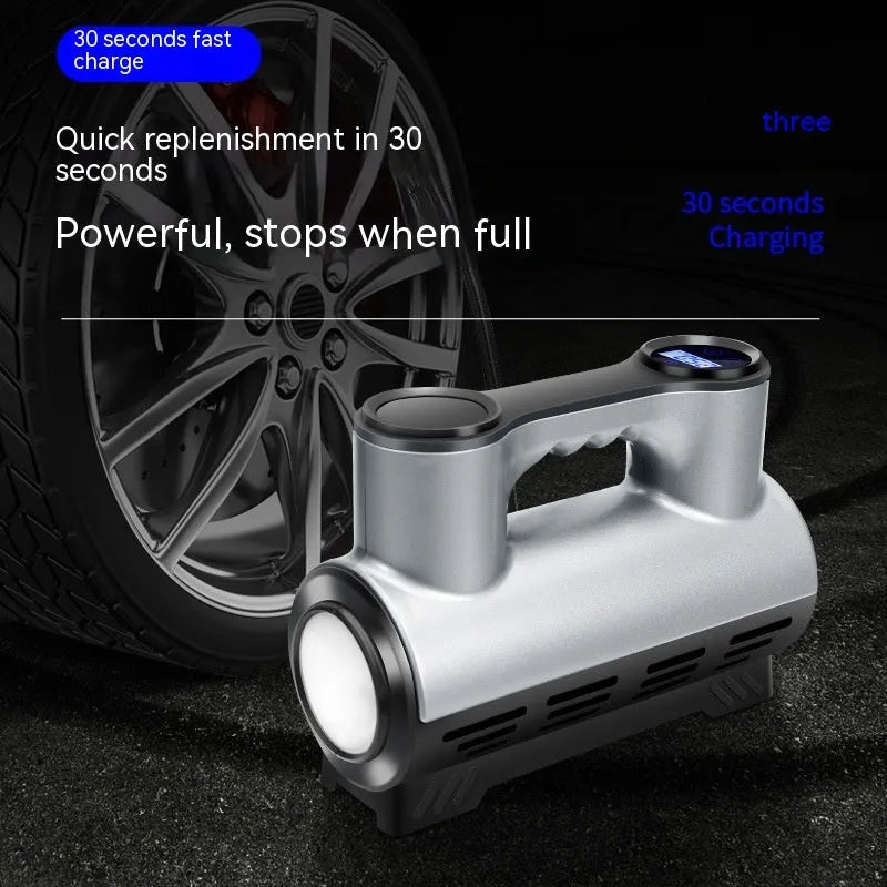 12V portable car air pump with digital pressure display, compact black ABS casing with air hose and nozzles