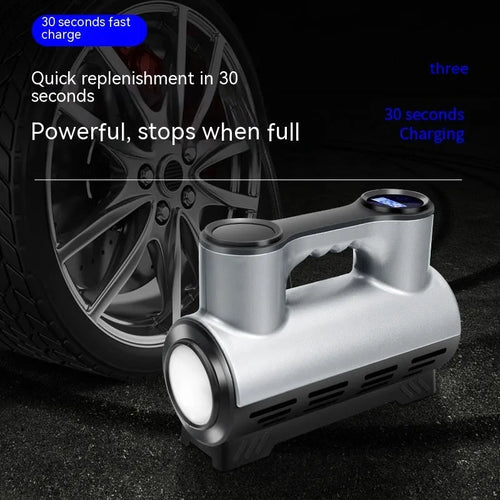 12V portable car air pump with digital pressure display, compact black ABS casing with air hose and nozzles