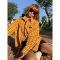 Dopamine yellow plaid shirt loose fit cardigan style chemical fibre blend casual wear