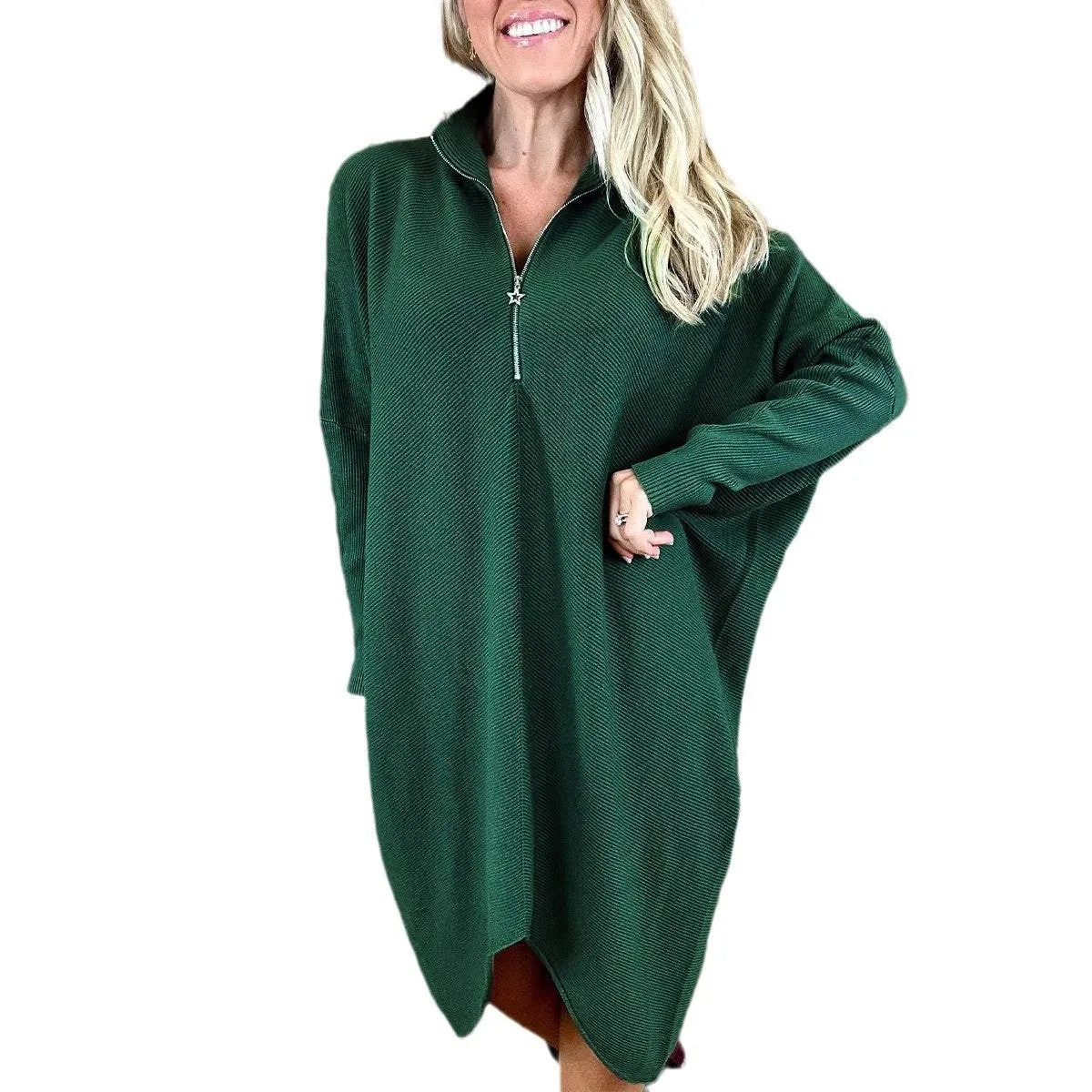 Women's solid colour loose knitted dress with raglan sleeves and a front zip closure.