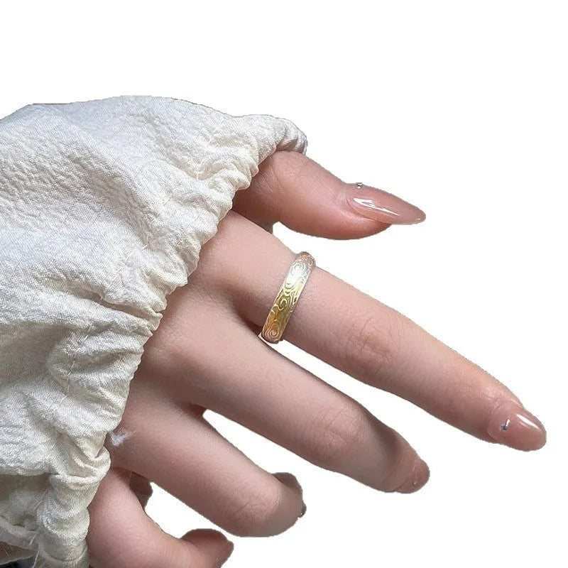 J14 Xiangyun pattern open-mouth ring in white copper with electroplated silver or gold finish.