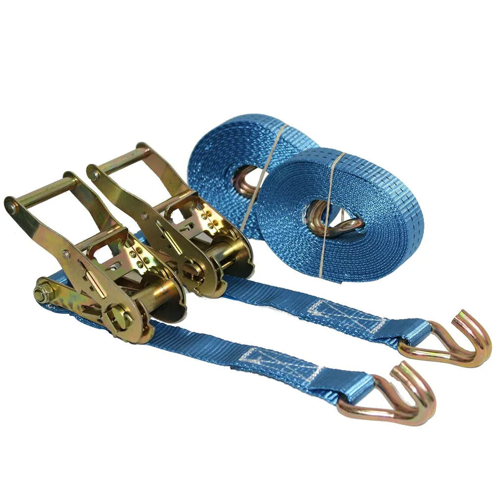 Ratchet tensioner double hook fastening strap with steel hardware and polyester webbing for cargo binding