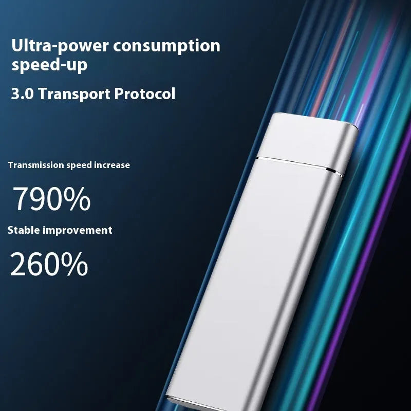 Sapphire blue metal external solid state hard disk with USB cable on a white surface