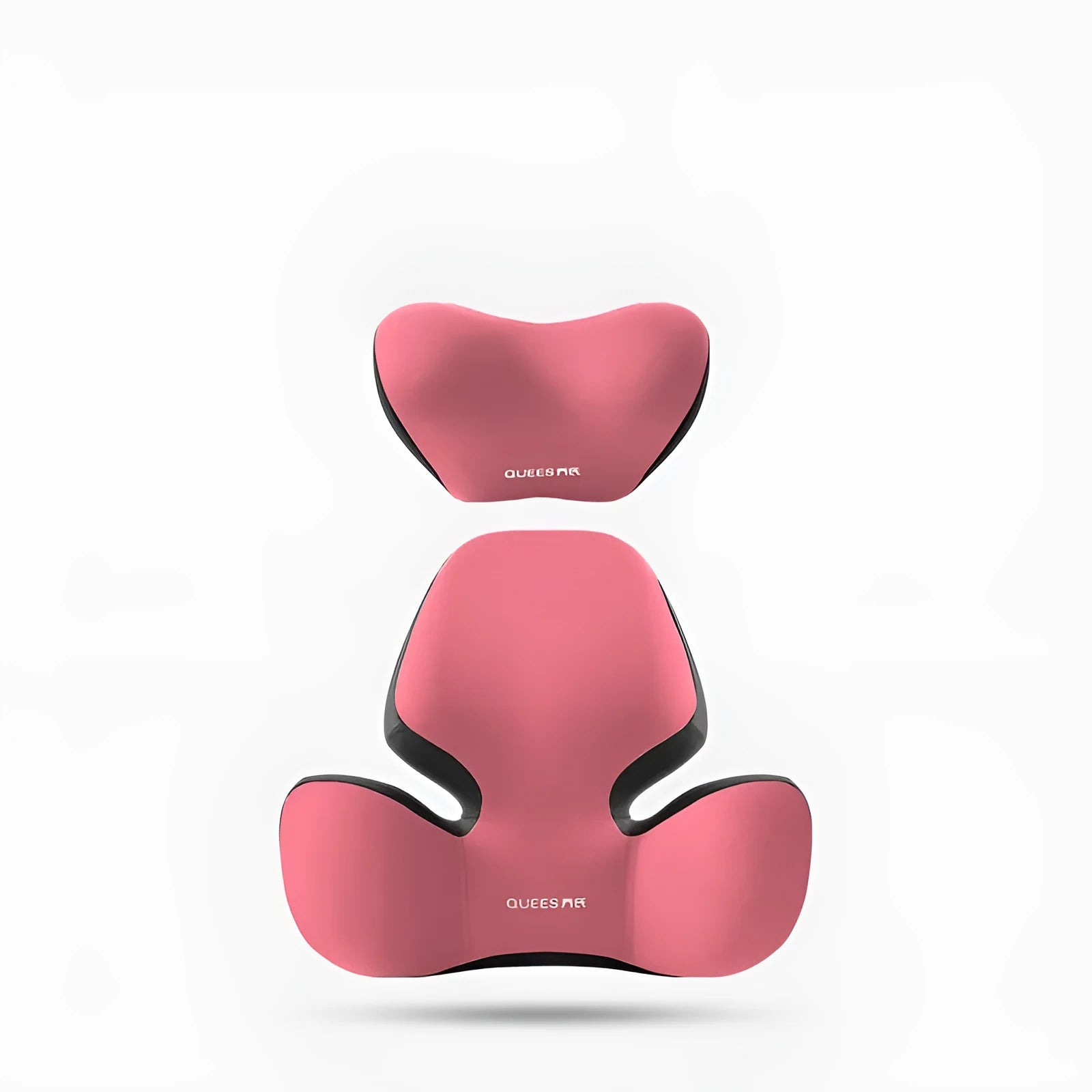 Black and grey memory foam car seat lumbar support pillow and matching headrest cushion on a car seat
