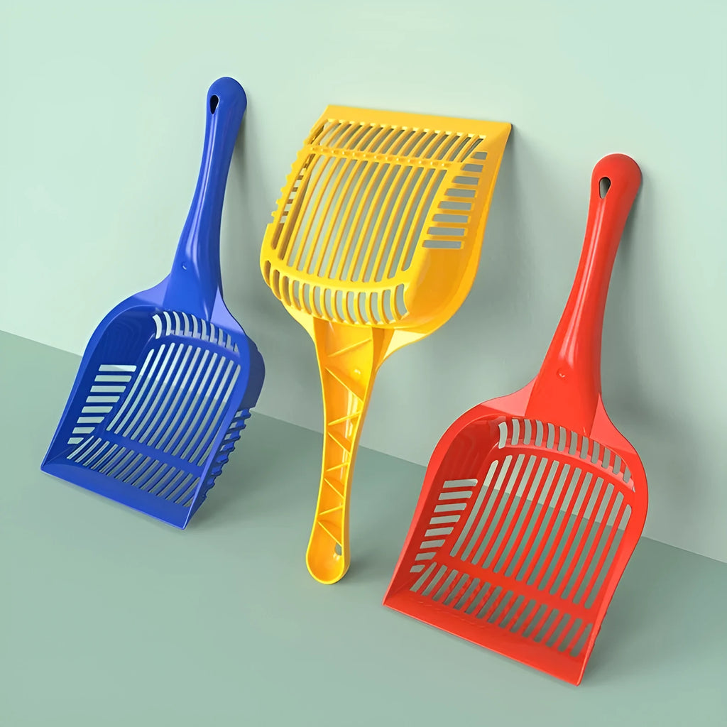 Blue, red, or yellow plastic cat litter scoop shown in small and medium size options.