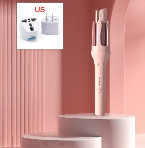 White automatic hair curler with 32mm ceramic barrel and international plug adapters