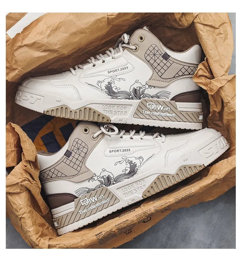 Men's beige board shoes with lace-up front and high-top design on flat rubber soles