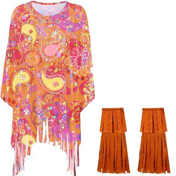 Colourful tie dye cloak costume with bell sleeves on a mannequin, showing pink and rainbow print on black spandex