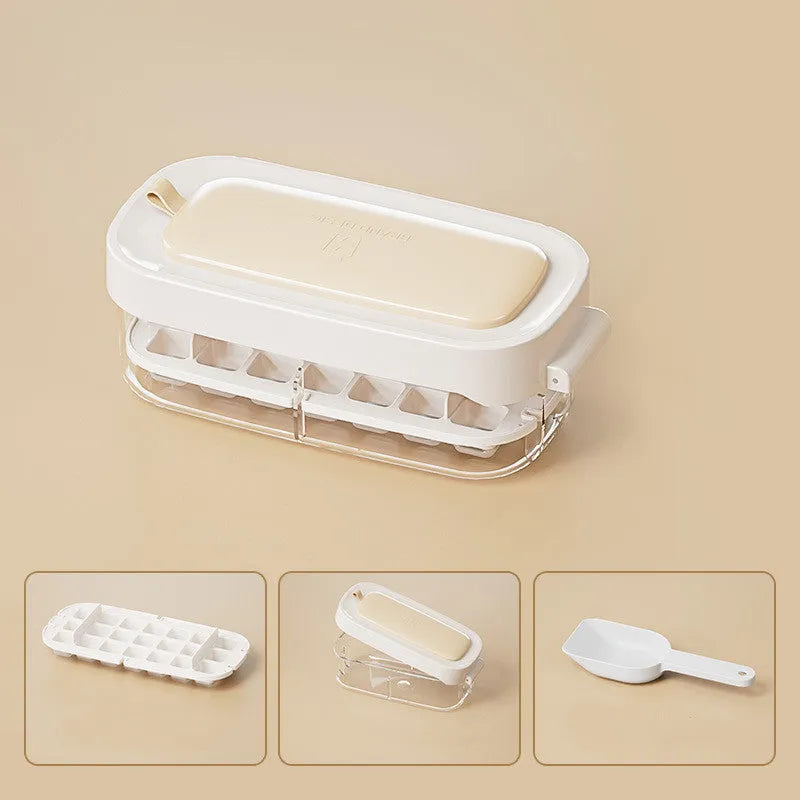 Yellow high-capacity grid ice cube tray with integrated storage slot for an ice shovel