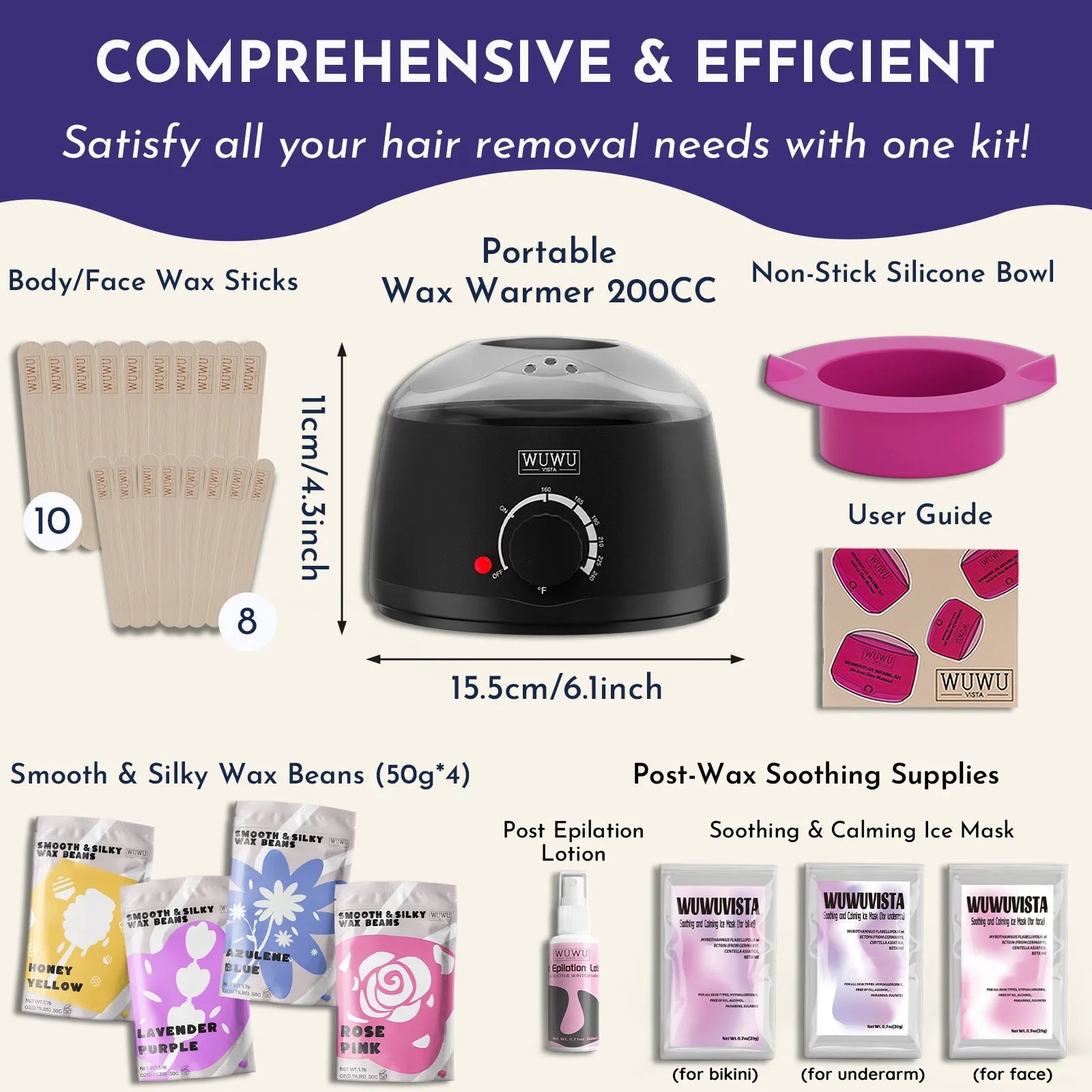 Hard wax kit with pink warmer, wax beans, applicators, aftercare lotion and cooling masks