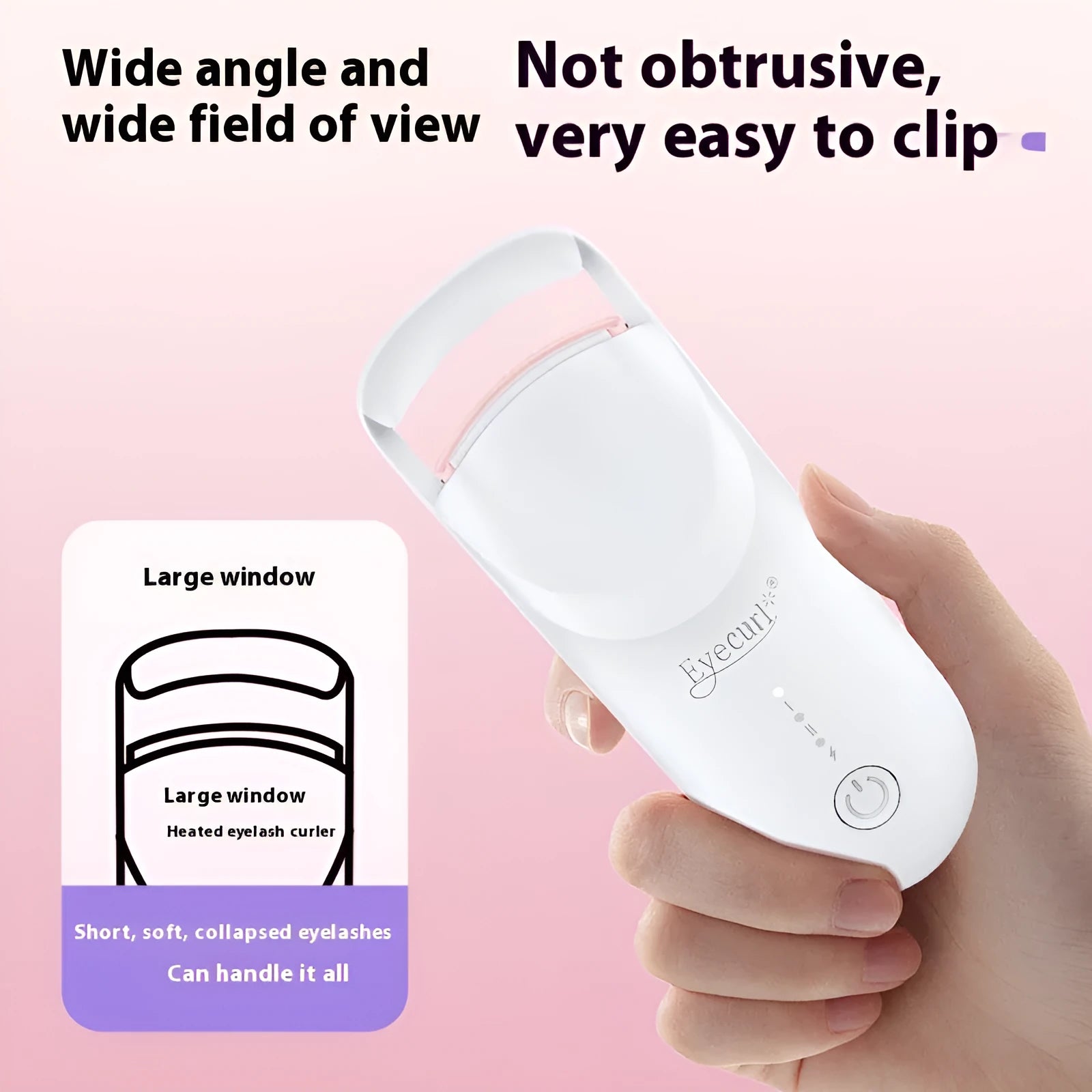 USB electric eyelash curler in cream white, pink, or apricot with charging cable.