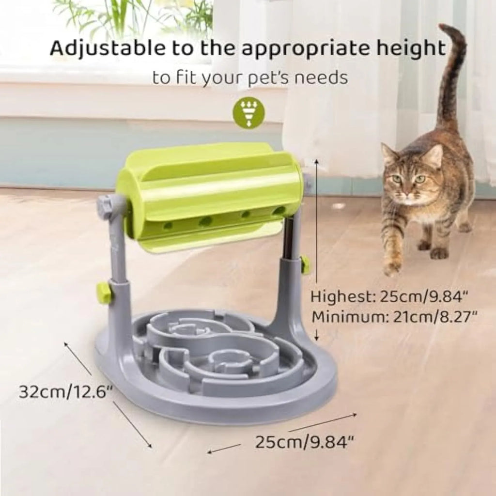 Interactive pet puzzle feeder with adjustable height and coloured plastic construction