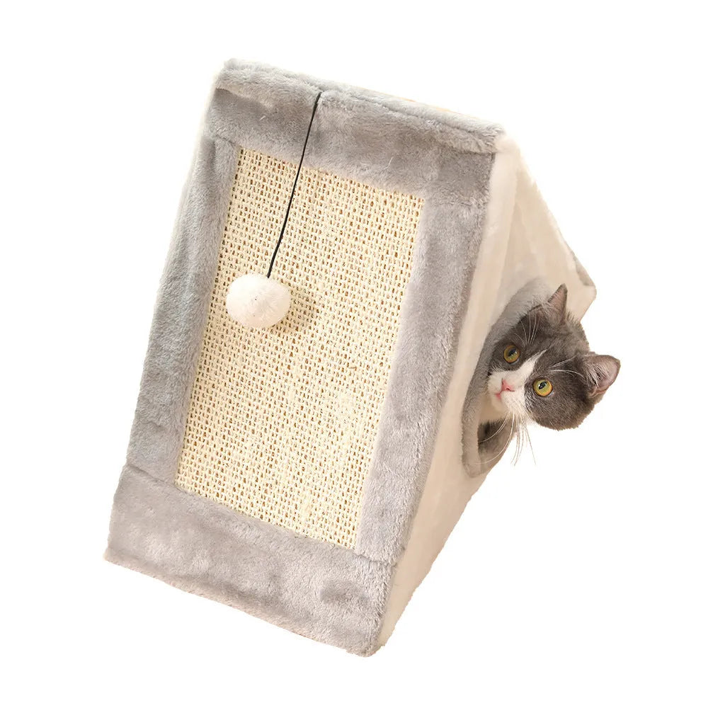 Grey-white triangle cat claw sisal toy with geometric platform design and plate fur material