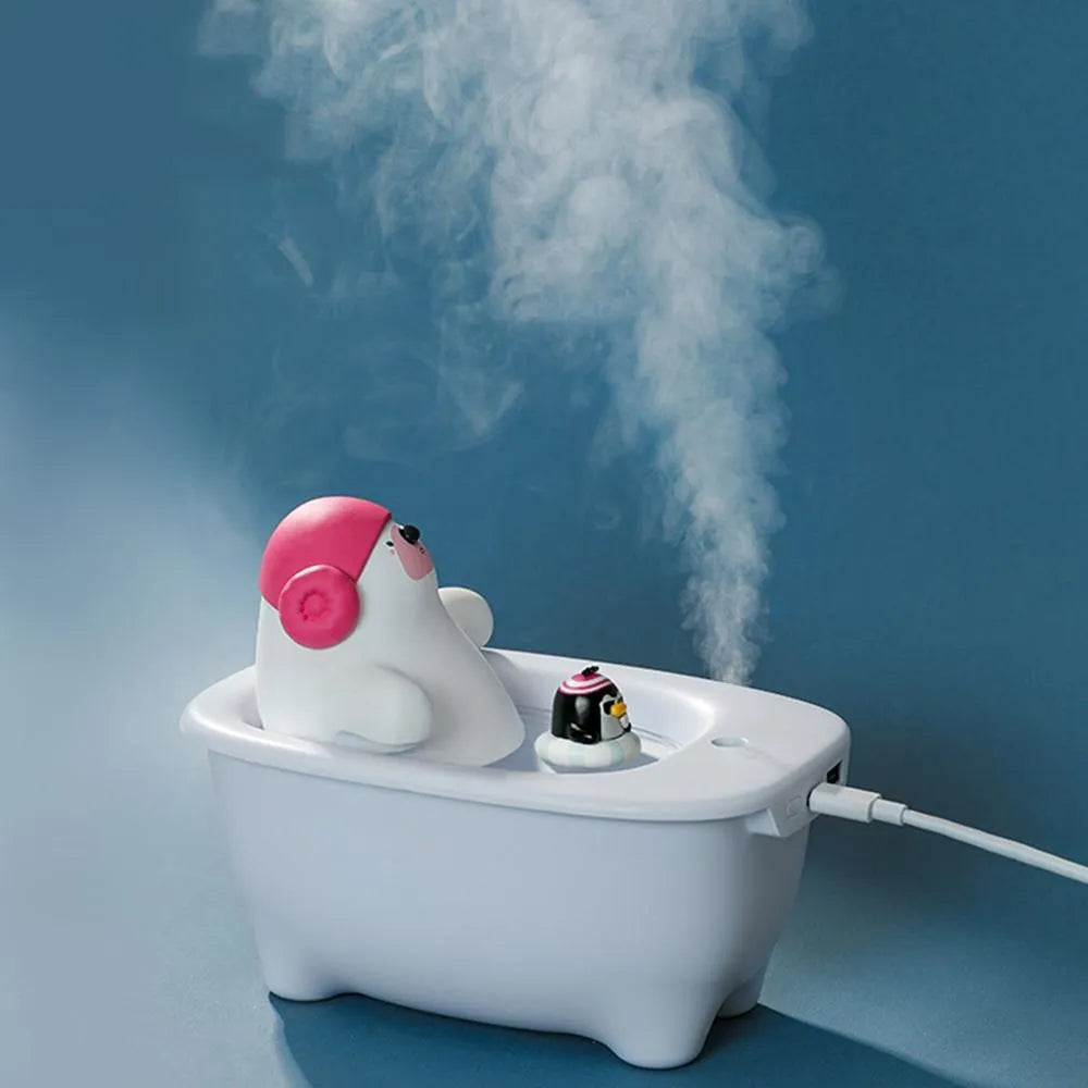 White polar bear-shaped USB desktop humidifier with water tank and mist output