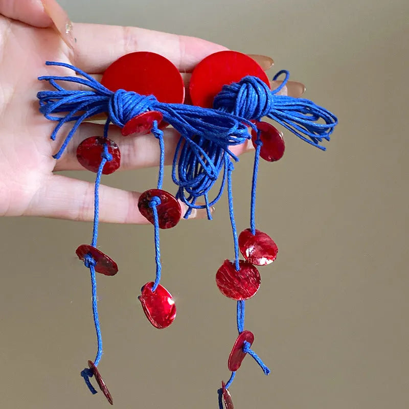 Women's geometric cloth earrings with silver needle colour and blue resin flower accents