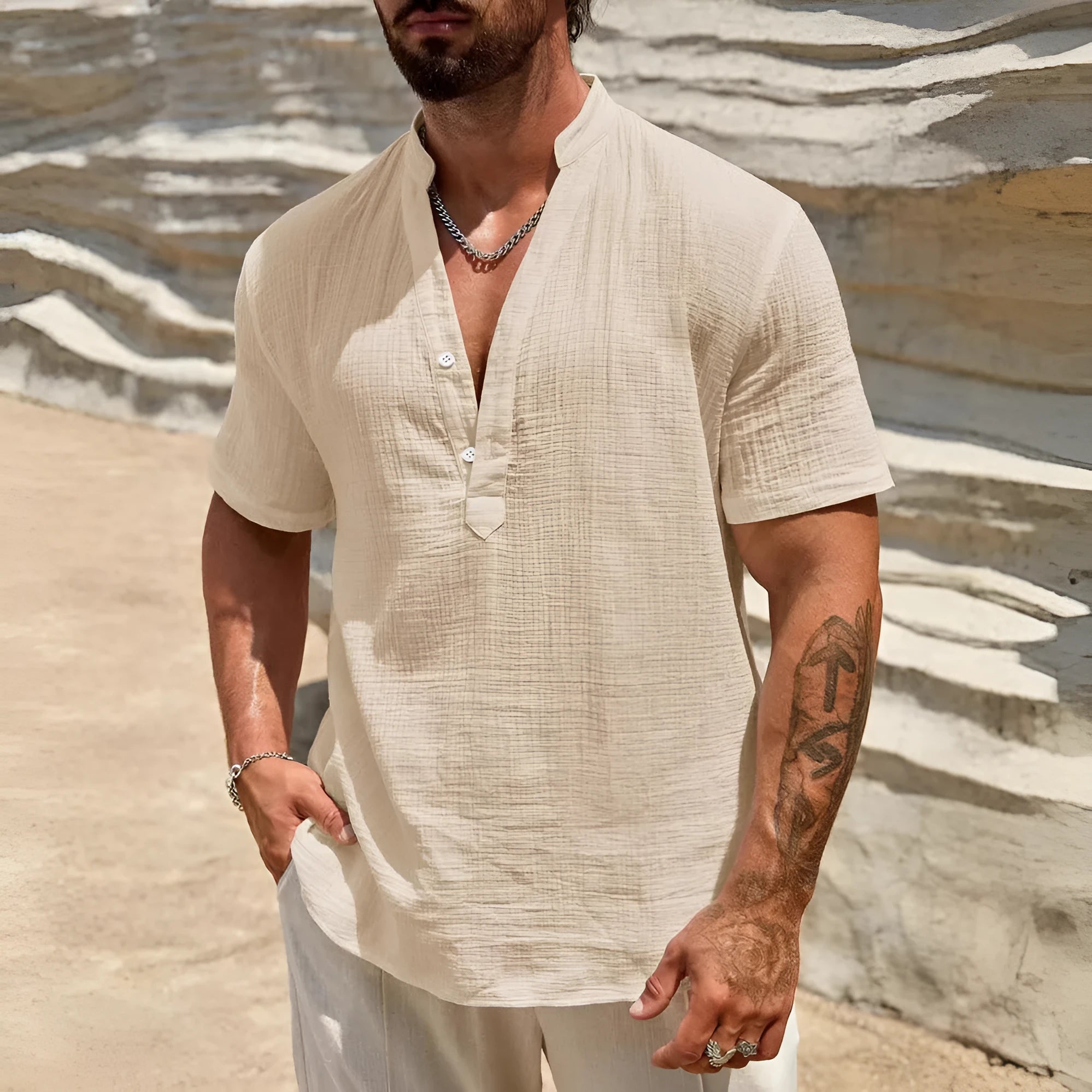 Men's solid colour stand collar short-sleeved shirt in a breathable polyester blend fabric.