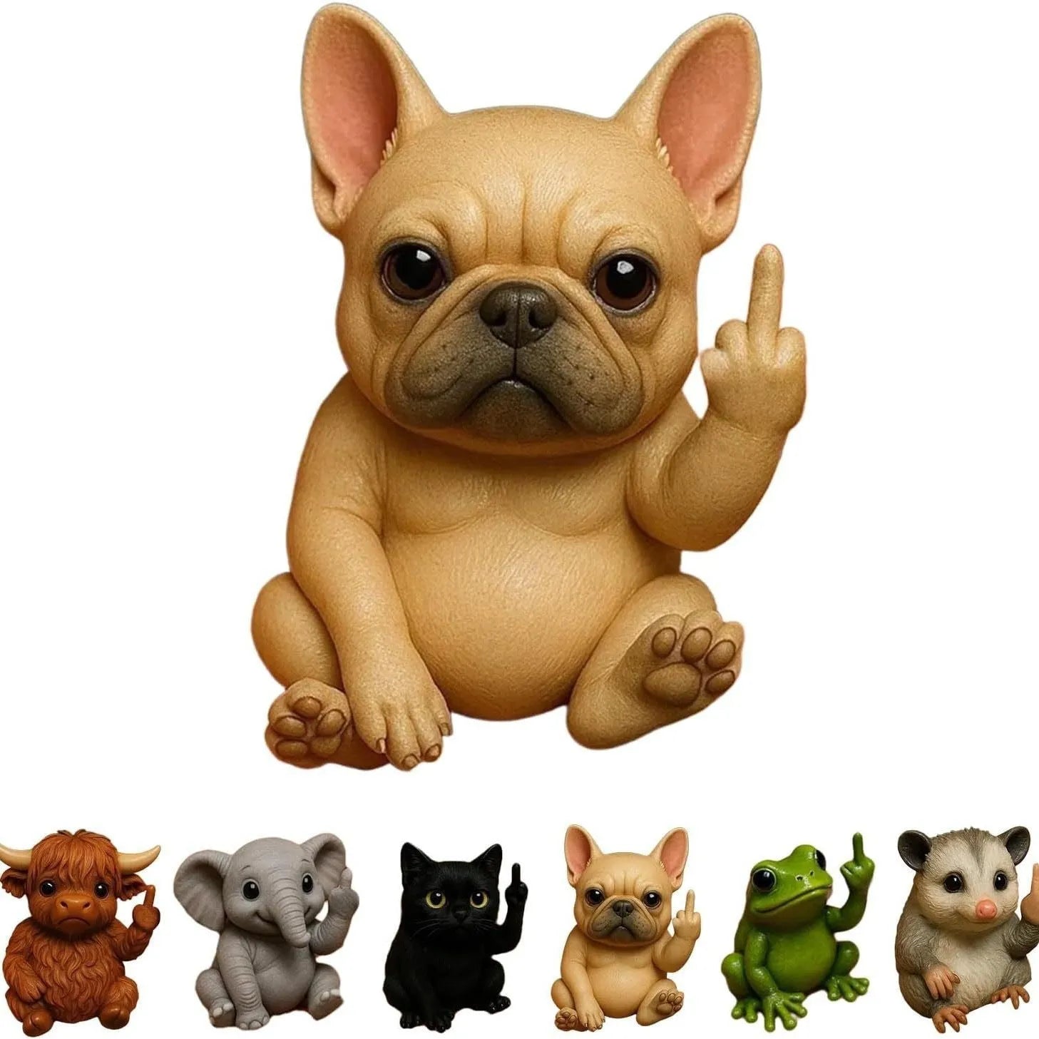Mini animal-themed vertical middle finger doll ornament in resin and plastic on a desk.