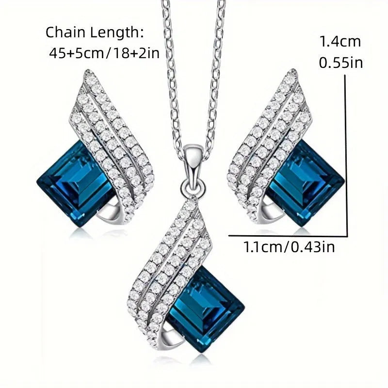 Women's necklace and ear stud set with alloy pendant, cross chain, and glass detailing in electroplated finish