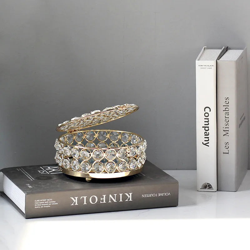 French gold metal jewelry box with transparent crystal glass lid for visible storage